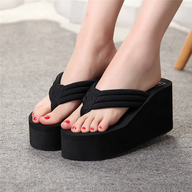 New 1Pair Comfortable Summer Soft Women Wedge Sandals Solid Color Mid Heels Platform Slippers Ladies Thick High Heels Flip Flops