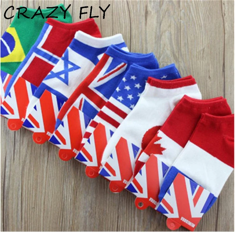 Магазин Crazy Fly, модные мужские короткие носки для женщин, креативные цветные носки с национальным флагом, хлопковые короткие смешные носки