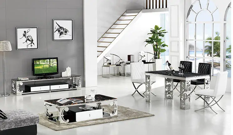 Stainless steel minimalist modern marble dining table and 6 chairs 2 Stainless steel minimalist modern marble dining table and 6 chairs 2