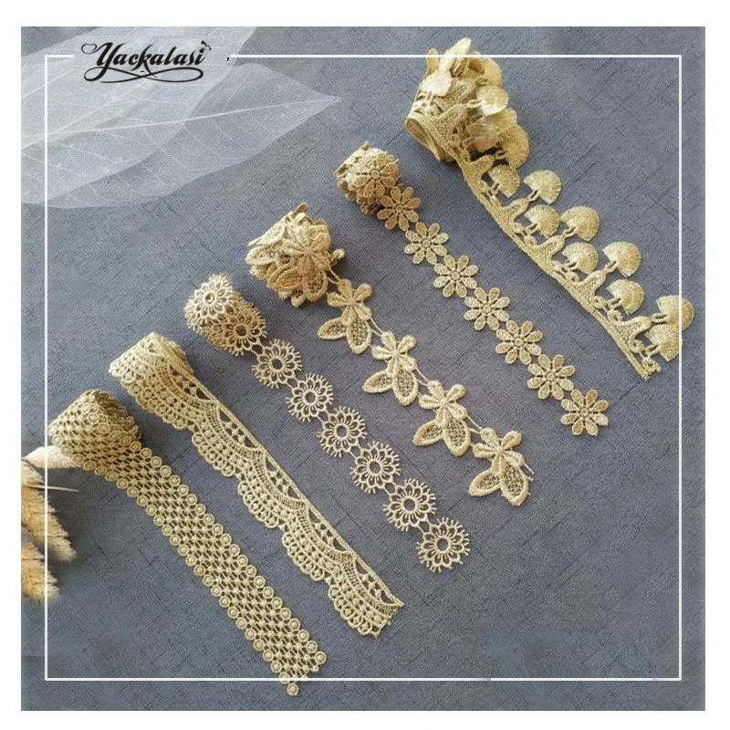 

YACKALASI 3 Yds/Lot Gold Lace 3D Floral Scalloped Applique Soft Tulle Flower Embroidery Trims Dress Lace 29CM