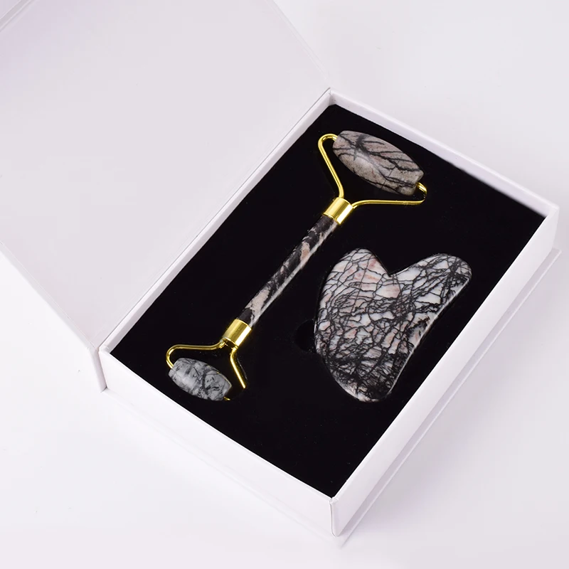 

Natural Picasso Jasper Roller Guasha Tool Set Gift boxed Stone Massage Face Jade Roller Slimming Anti Wrinkle Cellulite Healing