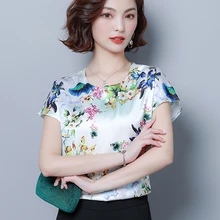 Blusa femenina de seda satinada con estampado floral para verano, camisa femenina Elegante de talla grande XXXL/4XL, color blanco, moda coreana