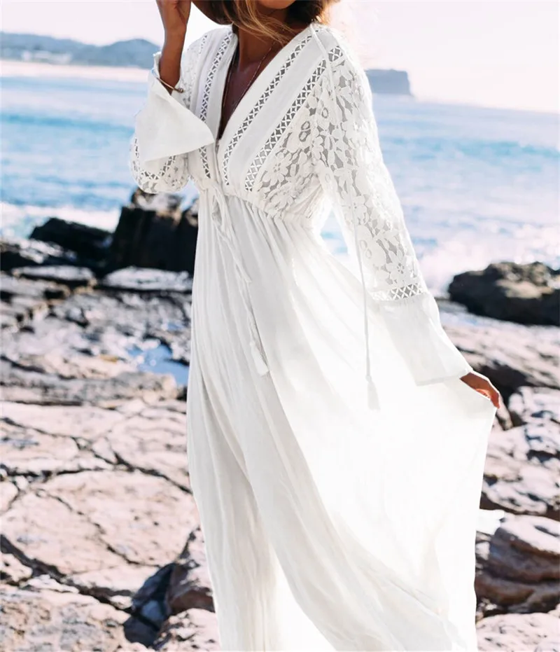 Белое длинное пляжное платье из вискозы, пляжные костюмы-туники, кафтан, Пляжное Платье, накидка, халат для пляжа, Saida de Praia# Q274