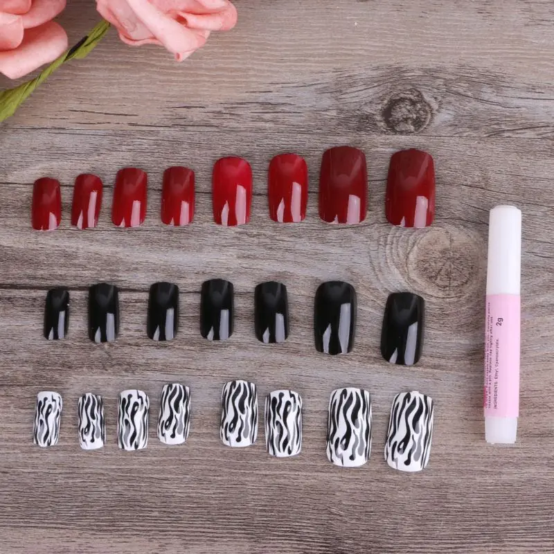 

24pcs Black Red Short False Nails Full Tips Nail Art Sticker Nail Tool Display