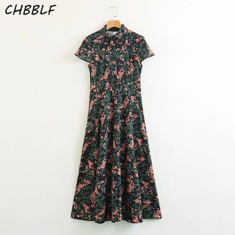 

CHBBLF women turn down collar vintage dress short sleeve female casual long dresses vestidos mujer XSZ1577