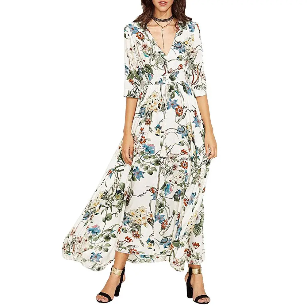 

2019 New Yfashion Summer Women Elegant Charming Slit Printing Casual Maxi Dress vestidos Top Quality
