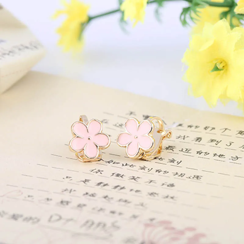 Clip Earrings Cute Flower Pink white Without Piercing for Kids