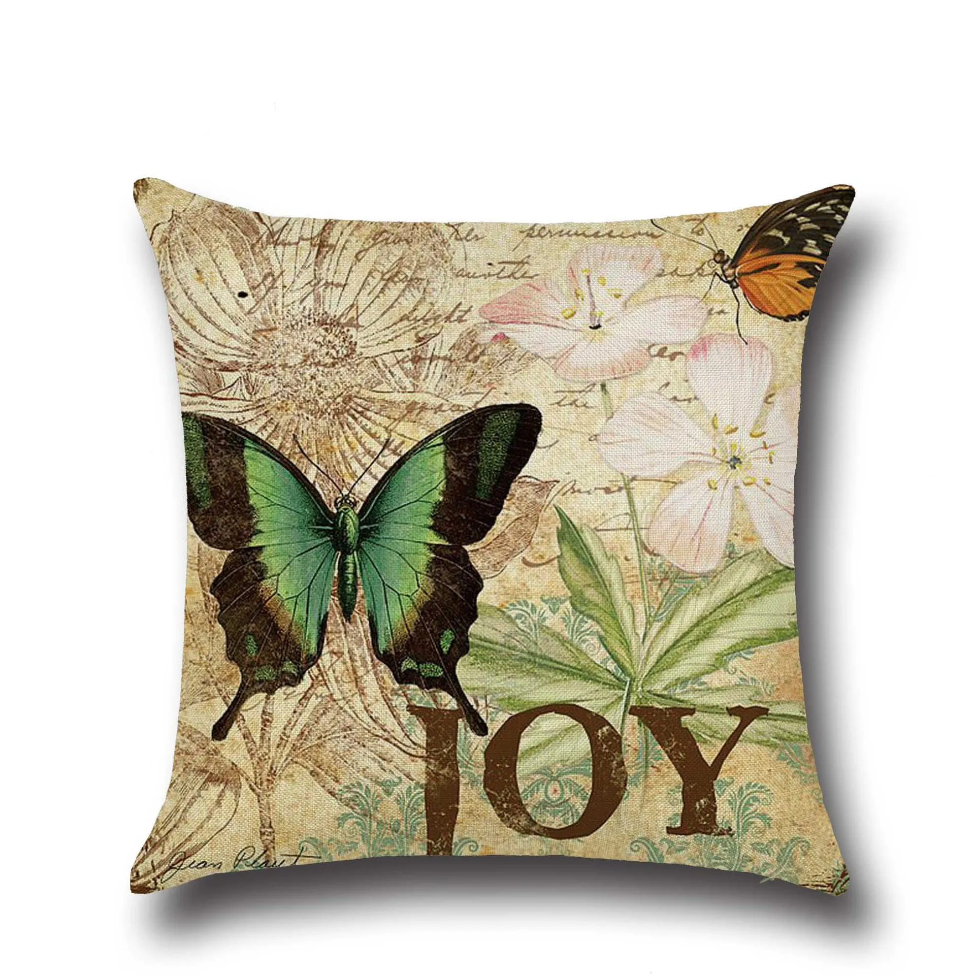 Grass Flower Butterfly Print Cushion Cover Vintage Letter Square Hug Pillowcase Lunch Break Comfortably Pillow Case 18inx18in