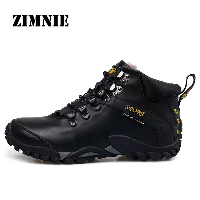 ZIMNIE Men Genuine Leather Waterproof Hiking Shoes Plus Fur Outdoor Trekking Shoes Camping Climbing Hunting Winter Boots Shoes