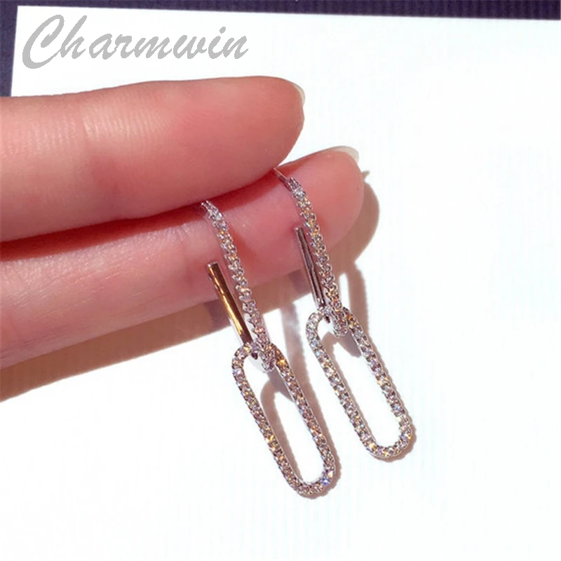 

Charmwin New S925 Silver Needle Earrings For Women Dangle Earrings Luxury Rhinestone Geometric Earrings Women Jewelry