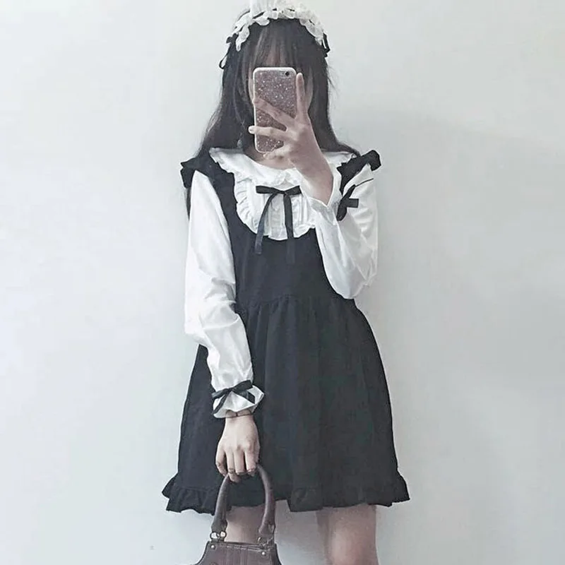 

2018 New Autumn women's Japanese Harajuku kawaii bow doll collar fake two-piece dress stitching long-sleeved party dresses