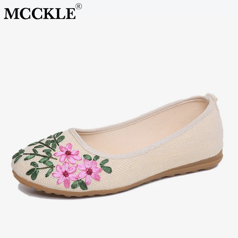 

MCCKLE Flower Flat With Shoes Embroidery Loafers Autumn Slip On Bohemia Style Women Moccasins Cotton Casual Ladies Footwear