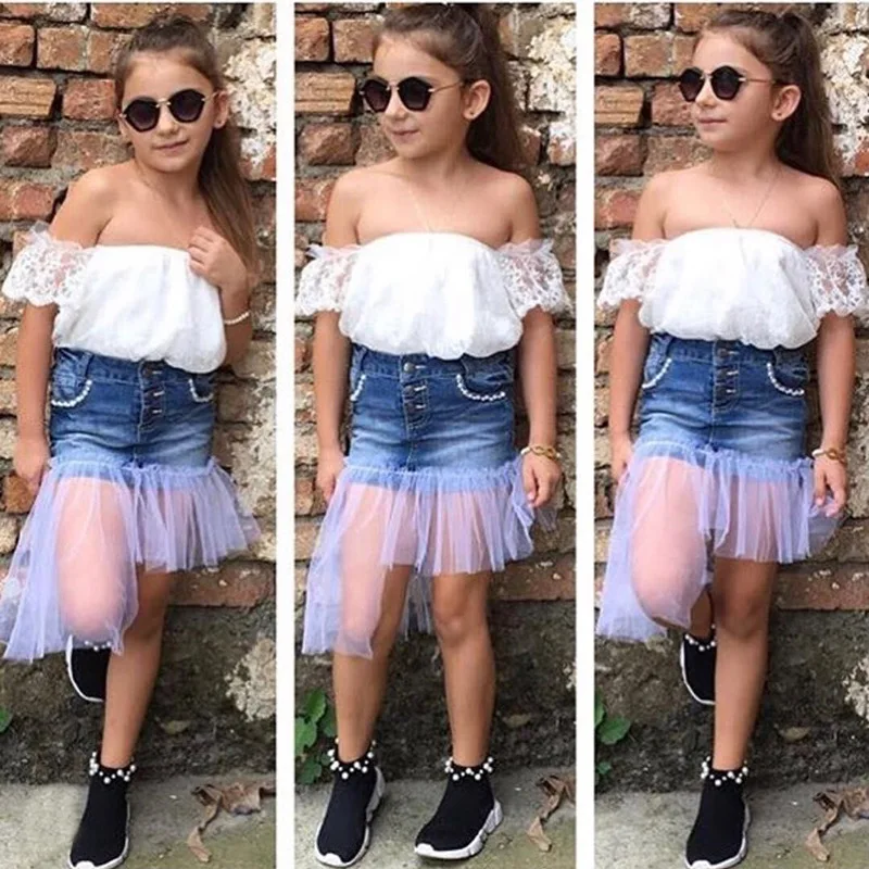 FASHIION CHILD SUMMER SET kid girl off shoulder outfit 2-7Y Children