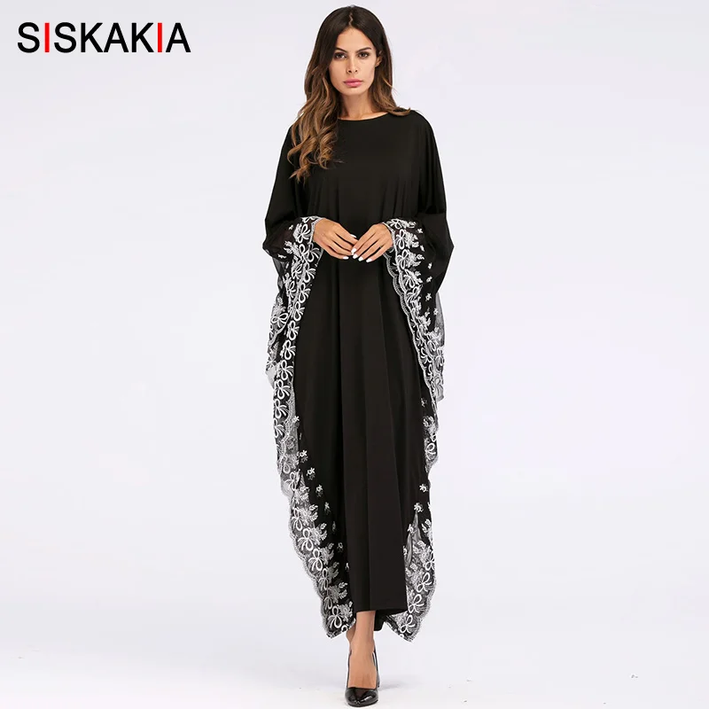 

Siskakia Women's Dress Plus Size Autumn 2019 Fashion Lace Mesh Patchwork Oversize Dressing Gowns Dubai Black Batwing Sleeve Fall