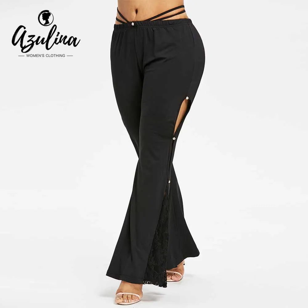 AZULINA Plus Size Lace Cut Out Flare Leggings Casual Black Elastic ...