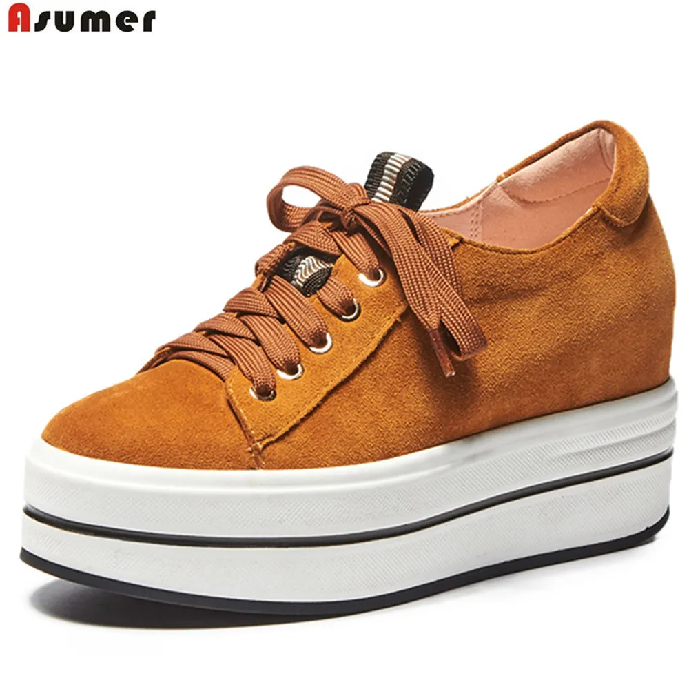 

ASUMER black fashion spring autumn pump shoes woman round toe lace up platform increased suede leather internal high heels shoes