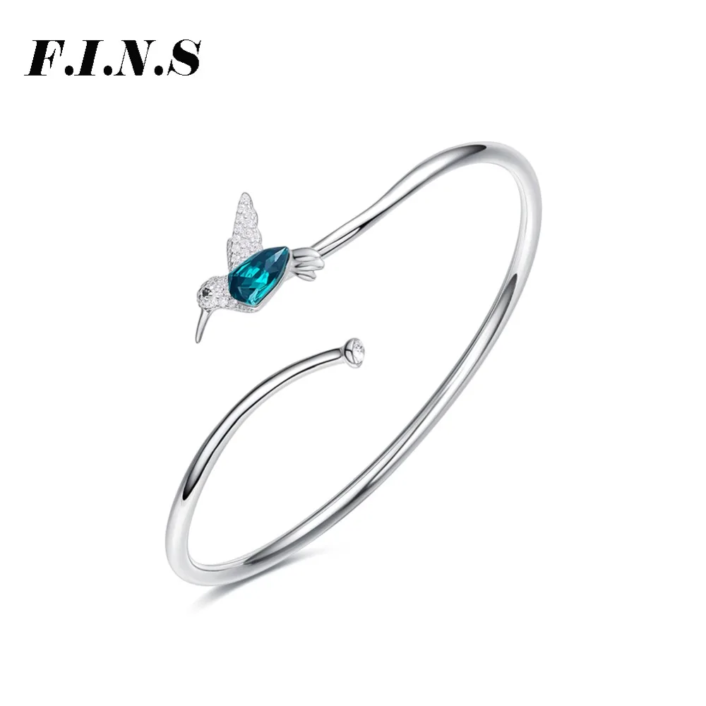 

F.I.N.S Concise Green Bird Charm Bangles for Women Crystal 925 Sterling Silver Jewelry Wedding Bangles Bracelets