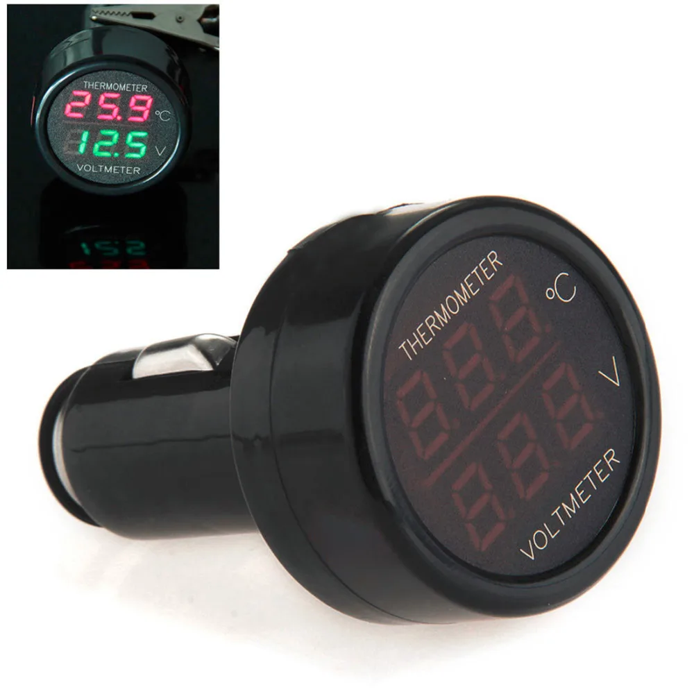 2 In 1 Red LED Car Cigarette Lighter Digital Voltmeter Thermometer Applies to Universal Car SUV Truck Voltage Meter 12/24V