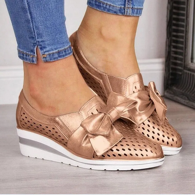 Autumn Women Shoes Wedges Hollow Out Breathable Pumps PU Bowtie Platform Fashion Ladies Slip On Casual Comfort Female Moccasins - Цвет: Gold