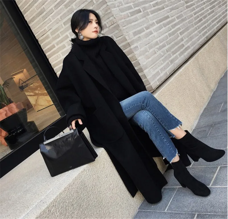 Autumn winter woolen coat women Loose Large size wool coats female Belt slim long Basic coats Both sides of the slit jacket N332