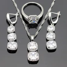 Plaza AAA Zirconia Cúbico Blanco Color Plata Sistemas de La Joyería Para Las Mujeres Pendientes Largos de Navidad Anillos/Collar/Colgante Caja libre