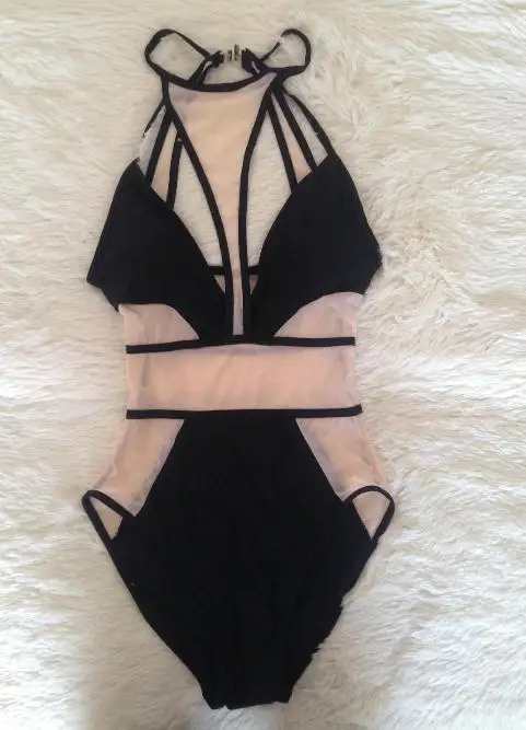 

2019 black nude mesh sheer swimwear women see through high cut out one piece swimsuit sexy monokini mesh bathing suits for women