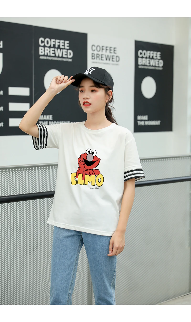 New Cotton Harajuku Kawaii T Shirt Lovely Funny Sesame Street Elmo Cartoon Print Strpied Spliced Tops Tee Shirt Femme Streetwear (7)