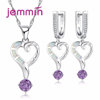 

White Opal Jewelry Set with Purple CZ Crystal 925 Sterling Silver Jewelry Heart Pendant Necklave & Drop Earrings for Girl