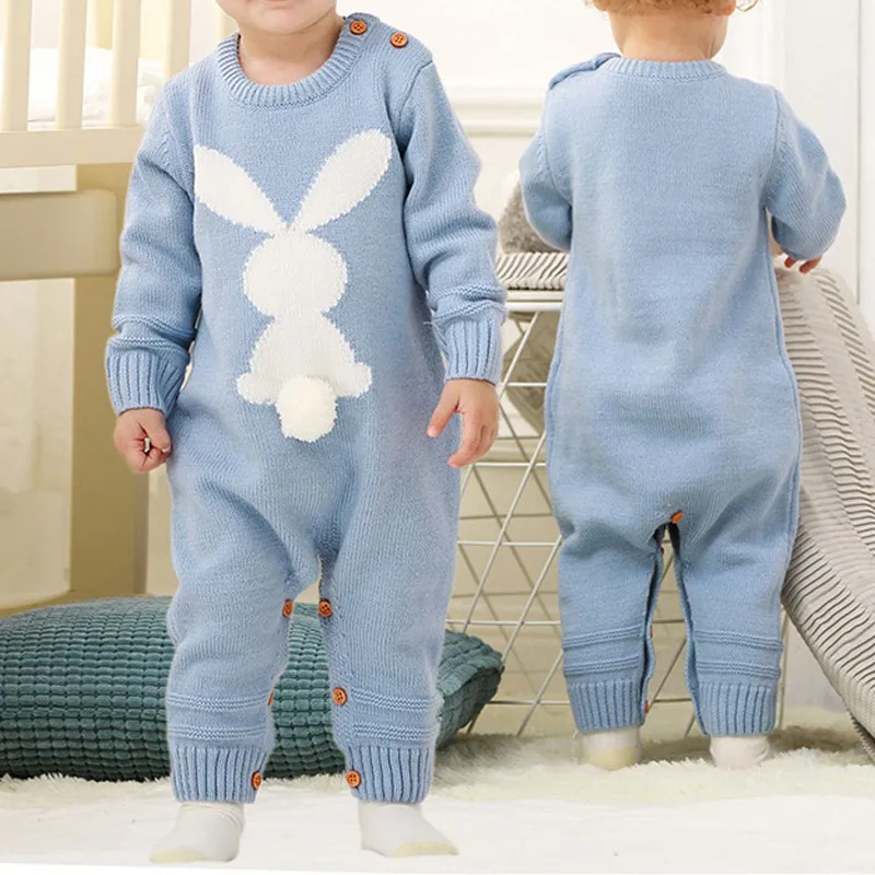 Детские комбинезоны с объемным кроликом; вязаные Комбинезоны для маленьких мальчиков; комбинезоны с длинными рукавами для новорожденных; комбинезоны с кроликом для малышей; костюм на пуговицах