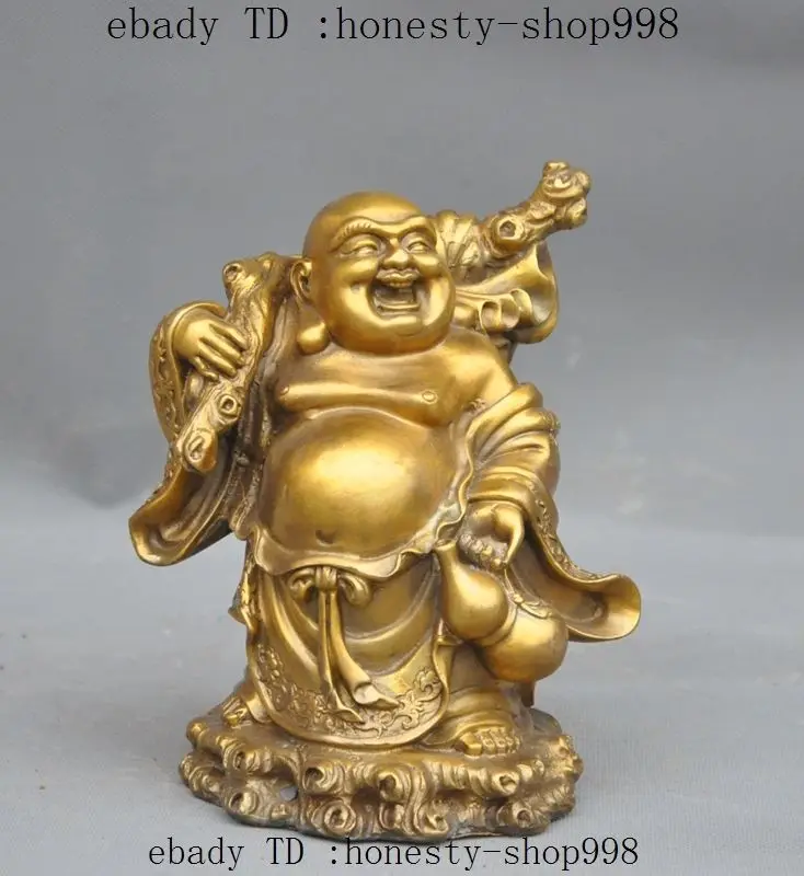 

7"Chinese brass wealth moneybag gourd Lucky happy laugh Maitreya Buddha statue