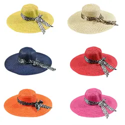 Для женщин бантом леопардовая лента полые Соломенная шляпка большой полями козырек летняя пляжная шляпа