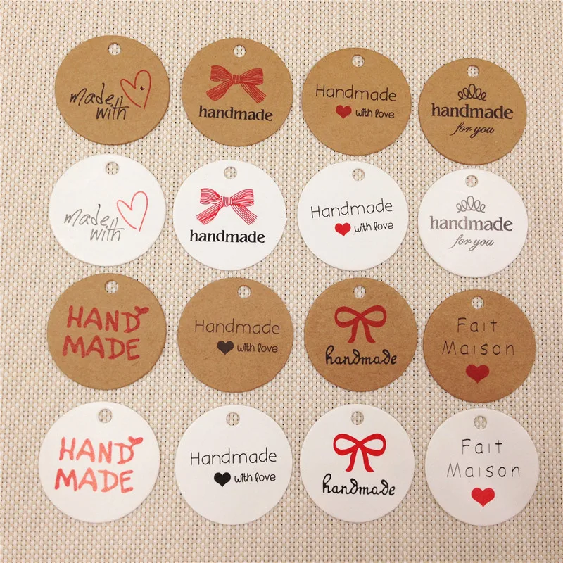 

100Pcs/Lot Round 3cm Handmade with love kraft paper card tag with multi styles