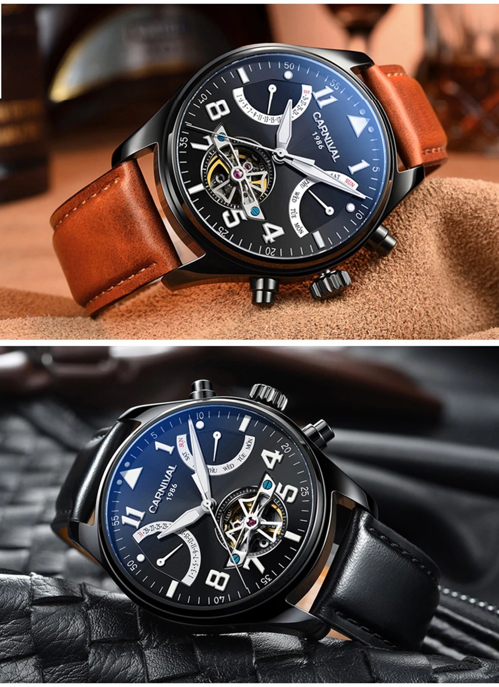 

Carnival Tourbillon Mechanical Watch Men Switzerland Skeleton Pilot Wristwatch 25 Jewels Luxury Luminous Clock Black Leather