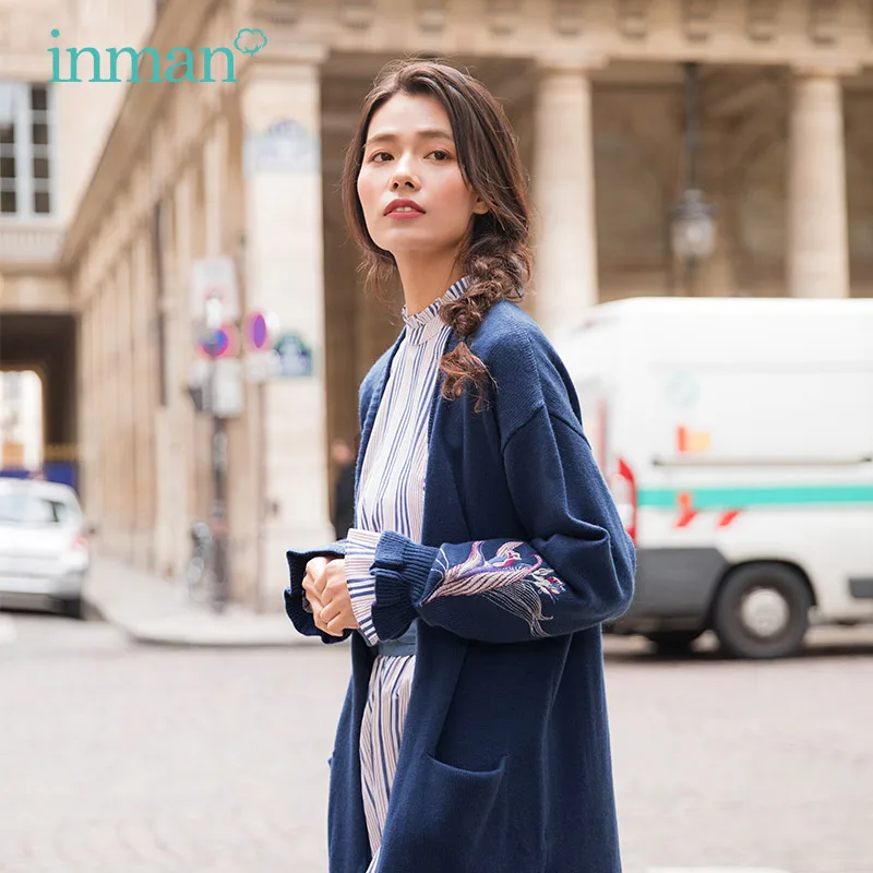 

INMAN 2019 Winter Autumn Flower Embroidery Spring Style Split Loose Style Causal Women Long Sleeve Cardigan Knitted Sweater