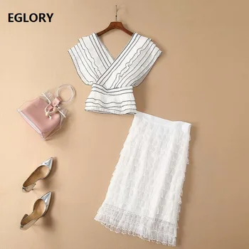 

Top Grade Designer Clothing Sets 2019 Summer Fashion Crop Sets Women V-Neck Ruffle Sexy Tops+Mid-Calf Lace Skirt Set Club Suits