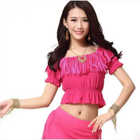 

New arrival crystal cotton and mesh belly dance top momen tassel belly dance tops 9 colors sexy tops