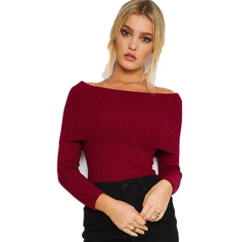 

OLGITUM Autumn Winter Basic Women Sweater Slit Neckline Strapless Pullovers Slash Neck Tops Thickening Top Thread Slim SW551