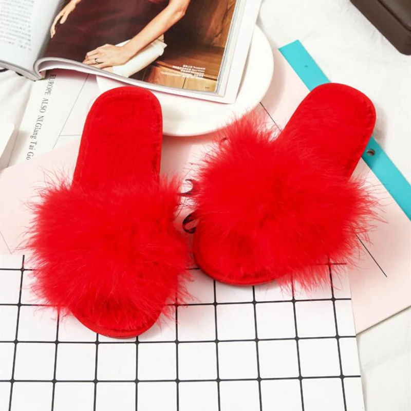 

Summer Women Ostrich Feather Slippers Fluffy Faux Fur Slides Flat Home Flip Flops Fuzzy Multiple Color Sexy Party Shoes sy423