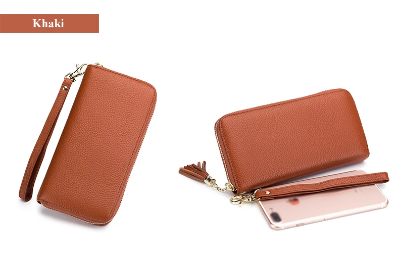 Lomelobo Unisex Tassel Long Wallet Genuine Leather Women Men Litchi Cowhide Leather portomonee Boy Girl Credit Card Holder Purse HPLA218 Details (18)