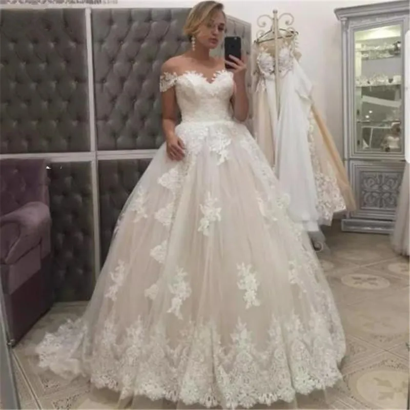 

Thinyfull 2019 Plus Size Vintage Wedding Dresses A-line Short Sleeve Lace Appliques Tulle Elegant Formal Wedding Gowns
