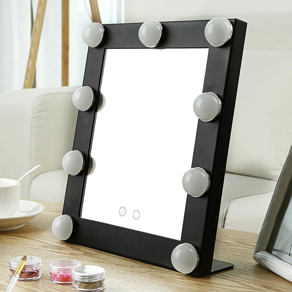 

Makeup Mirror with 9 LEDs Cosmetic Mirror with Touch Dimmer Switch Battery Operated Stand for Tabletop Bathroom Bedroom Travel