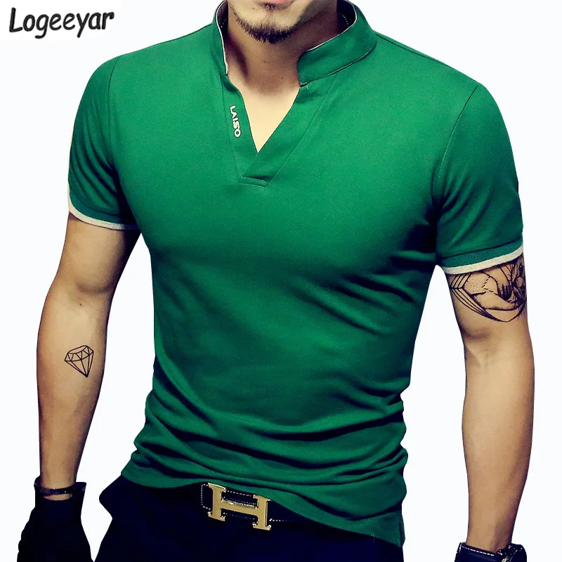 

2019 Fashion Solid V-Neck Men's T Shirt Summer Short Sleeve Casual T-Shirt Men Cotton Slim Fit Mens Top Tees Shirt US S-XL