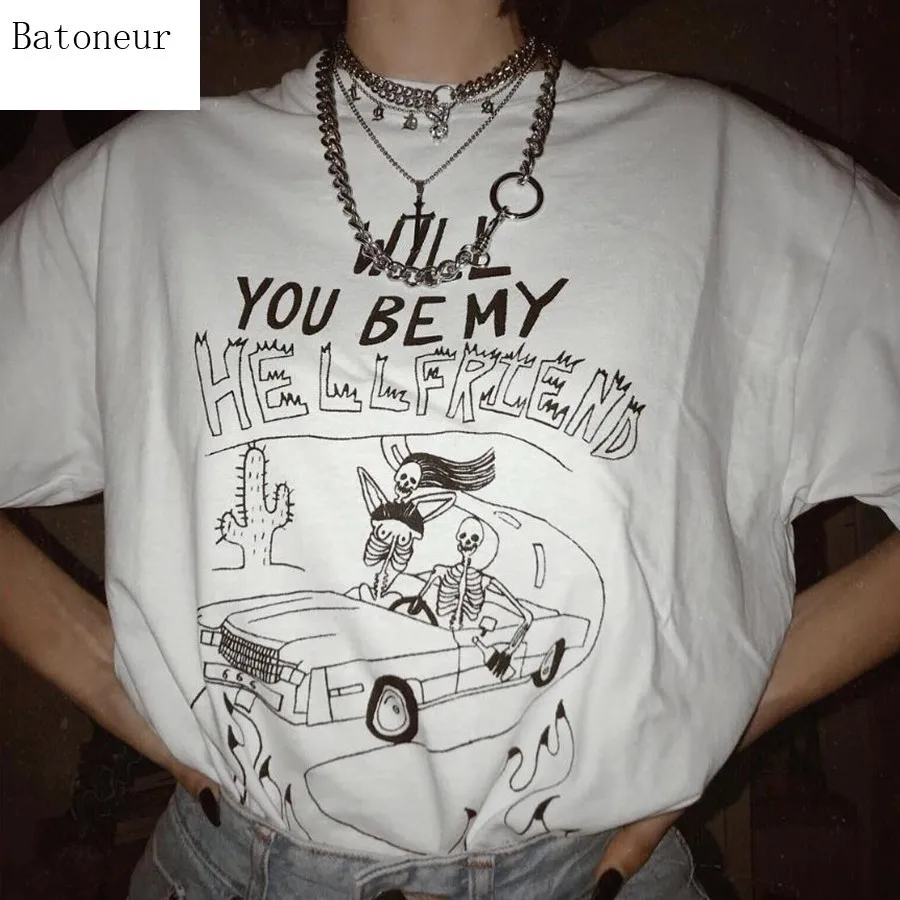 

2019 Women's Round Neck Cartoon Print letters Short Sleeve T-Shirt Couple Cotton Blend Casual Men/Women Tops