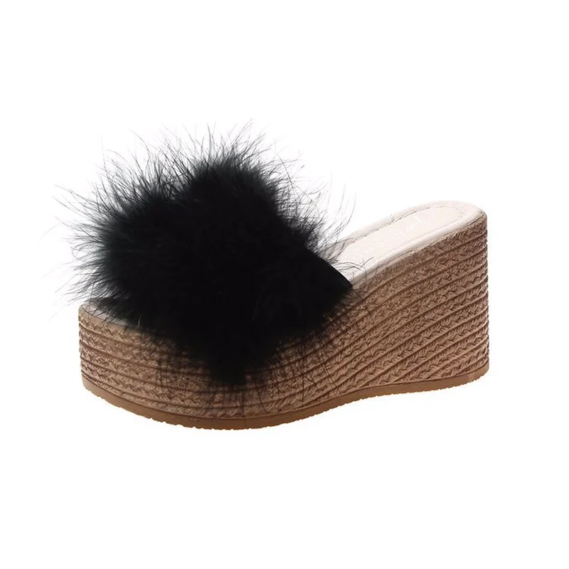 

Women's Slippers Wearing One-word Muffin and Thick-soled Fur Slippers for Women's Leisure Beach in the Summer of 2019