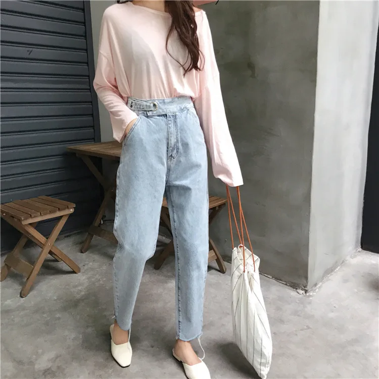 new hot sale women's spring summer loose high waist jeans pants ladies ankle-length harern pants S-L