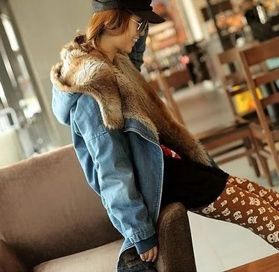 Wool Liner Woman Cotton Parkas ,2017 New Fur Line Hooded Thick Cotton Coat ,Super Warm Winter Denim Jackets