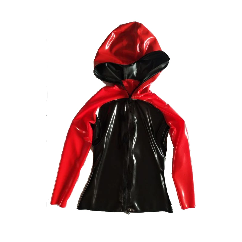 

New Style 100% Latex Rubber Men Hooded Casual Black and Red Sports Jacket With Zipper 0.4mm XXS-XXL
