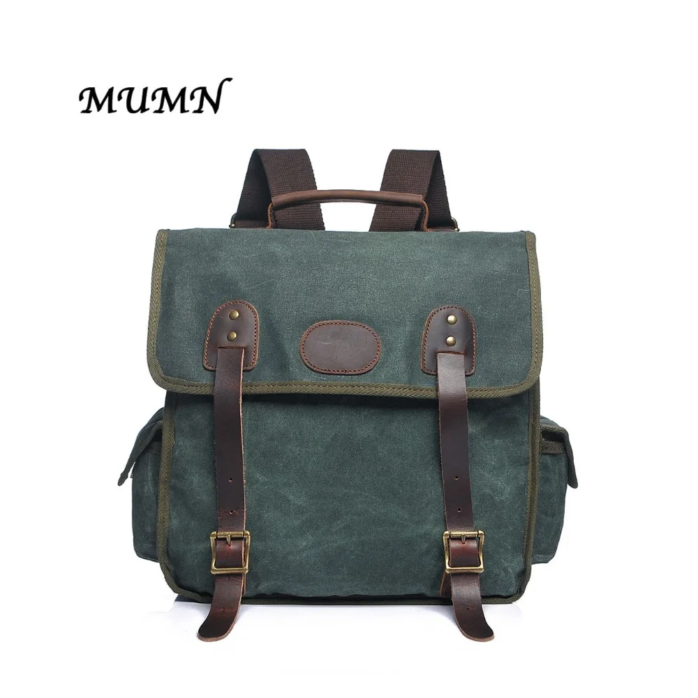 Canvas Backpack of Waterproof Canvas with Leather Cowhide Goral green Army green Khaki Color