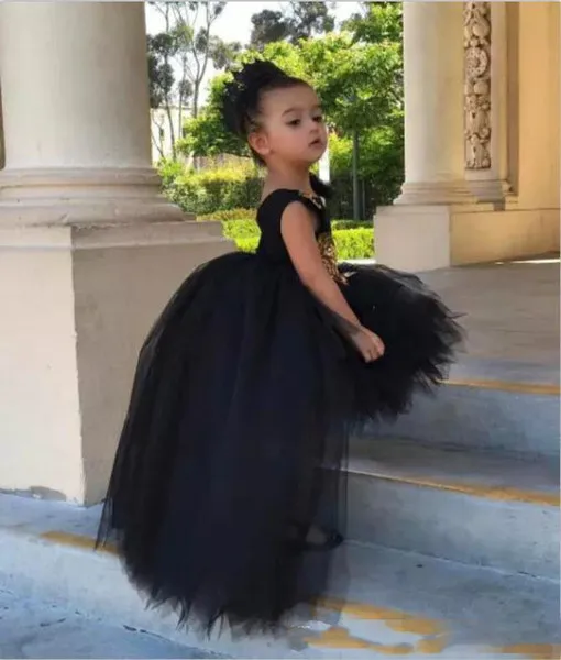 2019 бальное платье черного цвета с цветочным узором для девочек, с золотыми пайетками, фатиновая юбка-пачка без рукавов, многослойная юбка