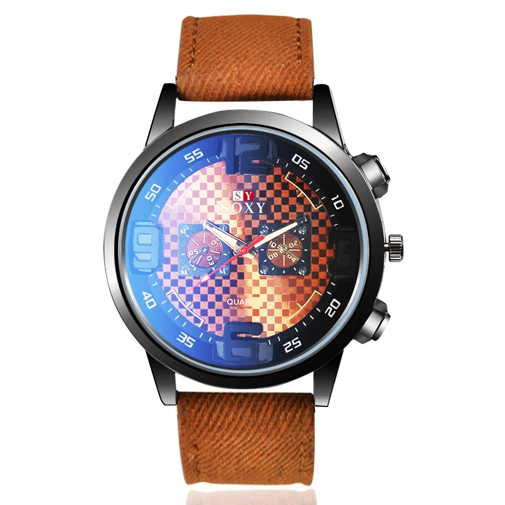 SOXY Роскошные синие стеклянные часы мужские наручные часы модные спортивные часы повседневные кожаный ремешок мужские часы erkek kol saati reloj hombre - Цвет: brown 2